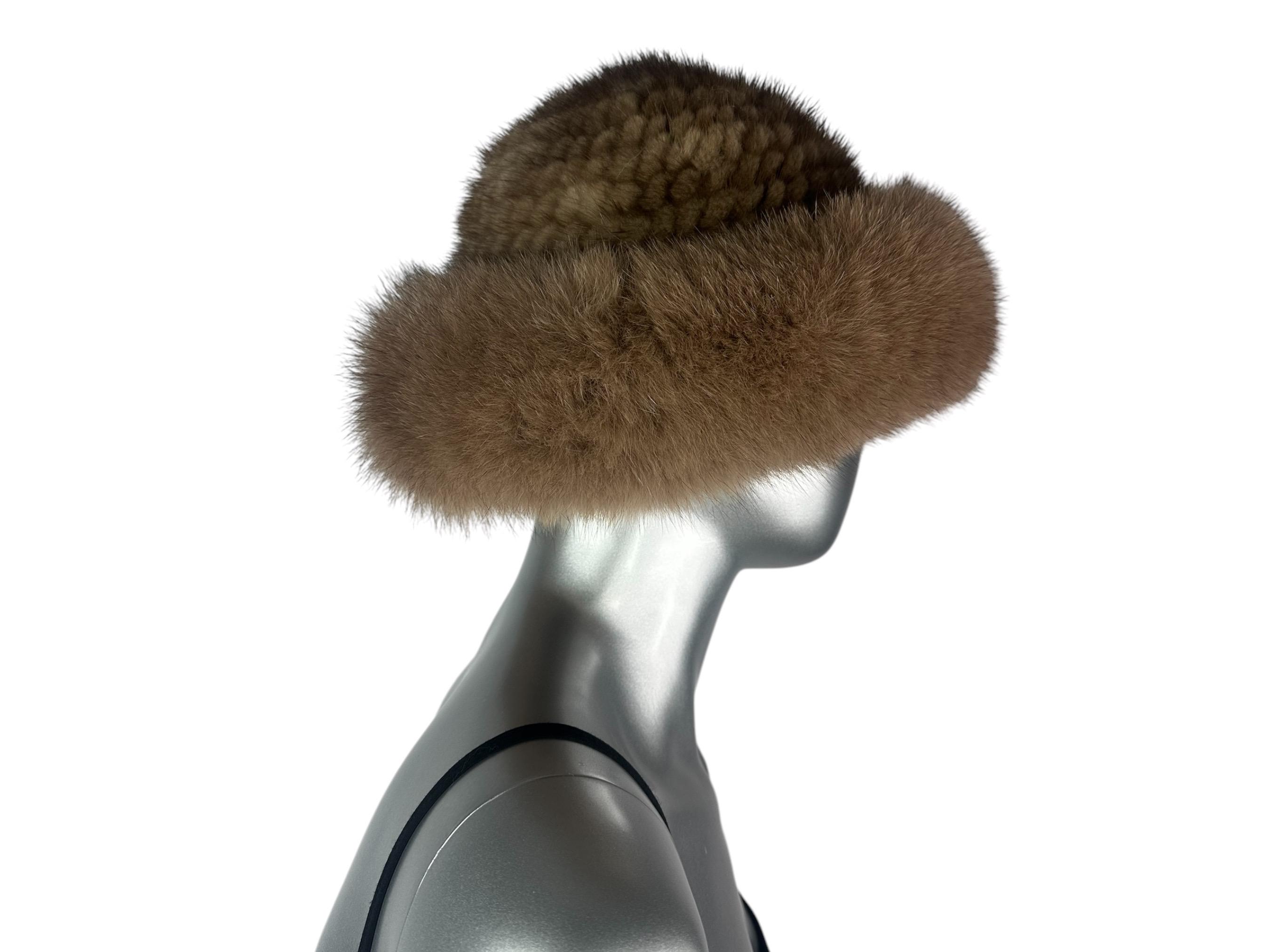 PASTEL MINK Knitted Hat w/ BROWN FOX Trim, 26” Adjustable, Certified Vintage Fur RANCH MINK Knitted Hat W/fox, Size XXL-27” Adjustable Band  main image 4