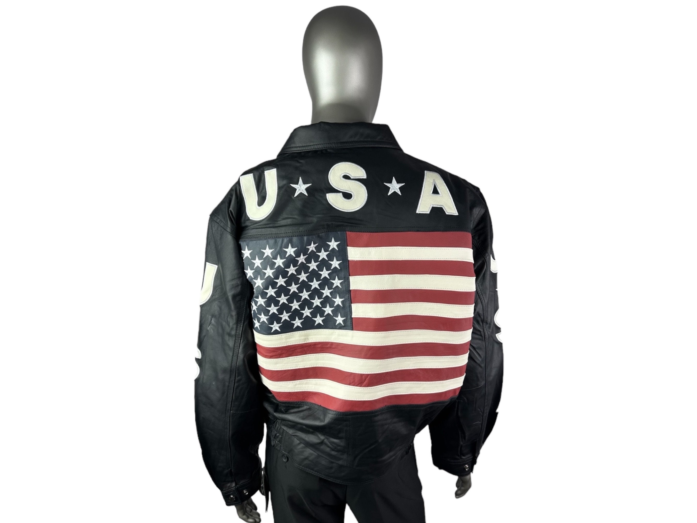 Men's Black Leather Jacket W/usa Flag, Size XL, Certified Men's Black Leather Jacket W/usa Flag, Size XL, Certified