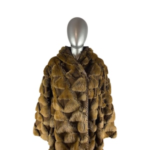 Golden Brown MINK and Leather Coat w/Hood, Diamond Pattern, Size XL, Certified Vintage Fur w/Storage Bag and Appraisal