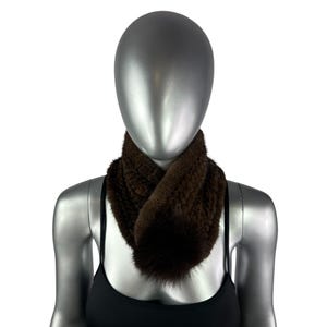 MAHOGANY MINK Knitted Scarf w/Brown FOX Pompom, 24”L, Certified Vintage Fur