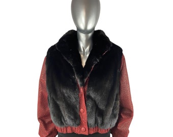 Red Croc Printed Leather Jacket w/Ranch Mink Vest, Size S, Certified Vintage Fur w/Storage Bag and Appraisal