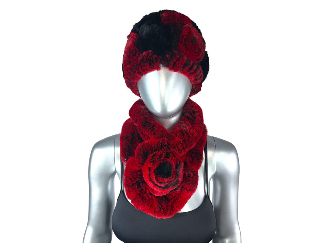 Wine Red & Black REX RABBIT Hat and Scarf W/rosettes, One  display picture 2