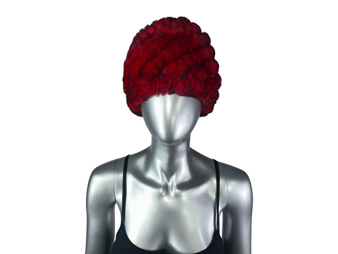 SALE Red Knitted Rex Rabbit Fur Stretch Beanie A.J. Ugent Furs | Accessories | Sale Red Knitted Rex Rabbit  main image 2