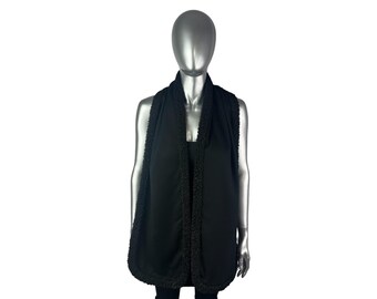 Zwarte wollen sjaal met rand van Perzisch lam, 70 inch l, gecertificeerd vintage bont