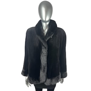 Black SHEARED Mink Jacket w/Natural Ranch Mink Trim, SAGA Mink, Size M/L, Certified Vintage Fur w/Storage Bag and Appraisal