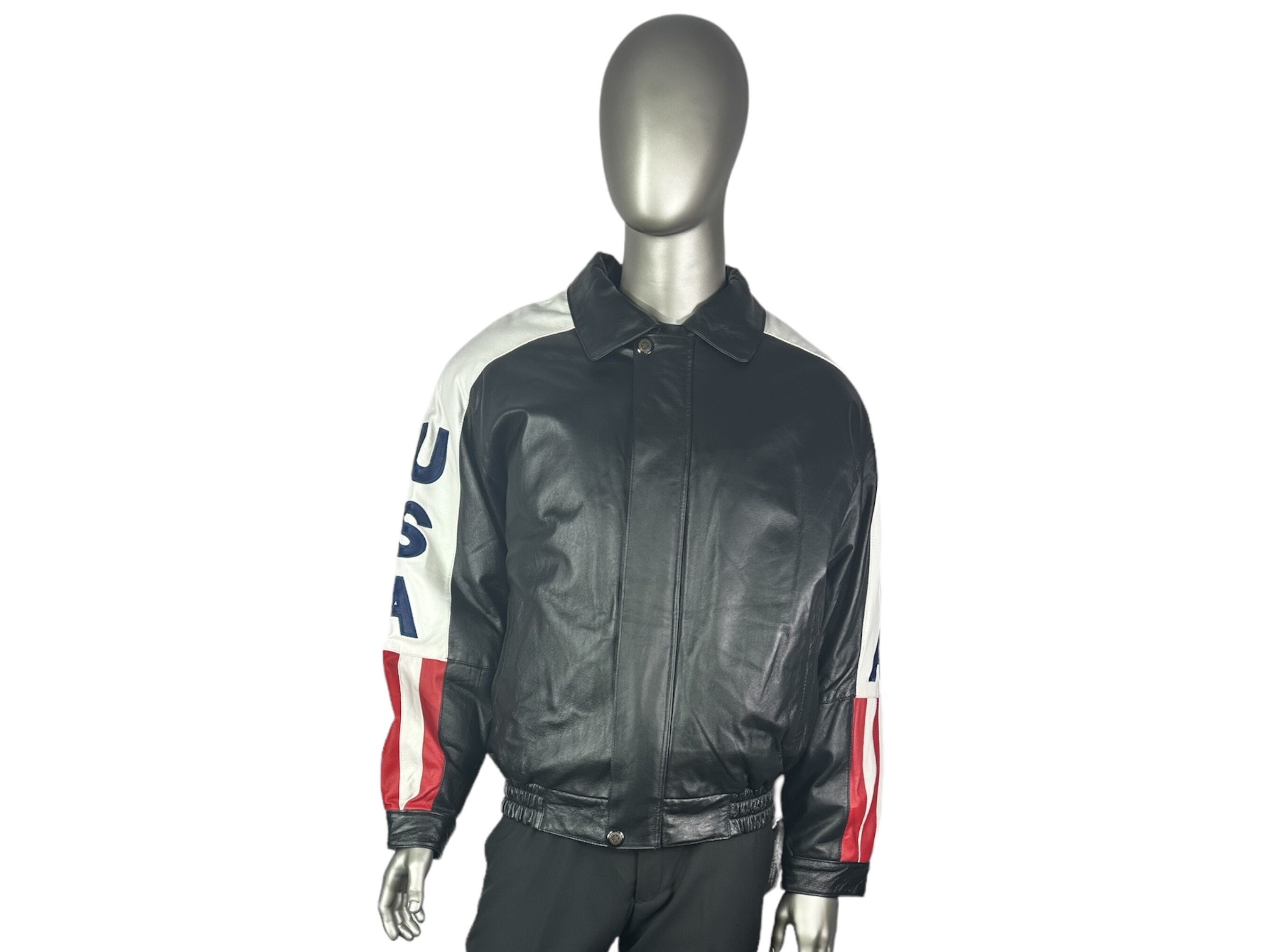 Men's Black LEATHER W/usa Flag Jacket, Size L, Certified Men's Black LEATHER W/usa Flag Jacket, Size L, Certified