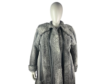 Silver Gray PERSIAN LAMB w/Leather Swing Coat, Size 4XL, Certified Vintage Fur w/Storage Bag