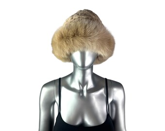 Beige Knitted REX RABBIT Hat W/beige FOX Trim, One Size 22  display picture 1
