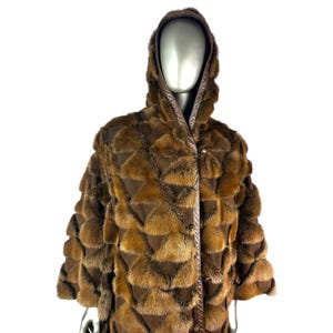 Men’s Golden Brown MINK and Leather Coat w/Hood, Diamond Pattern, Size L, Certified Vintage Fur w/Storage Bag and Appraisal