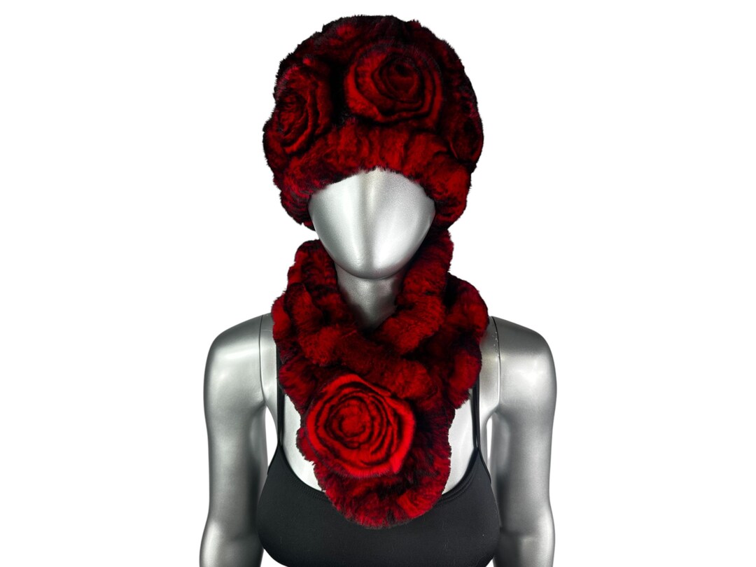 Red REX RABBIT Hat and Scarf w/Rosettes, One Size 21”-23” w/Stretch Red REX RABBIT Hat and Scarf W/rosettes, One Size 21”-23” W  main image 4