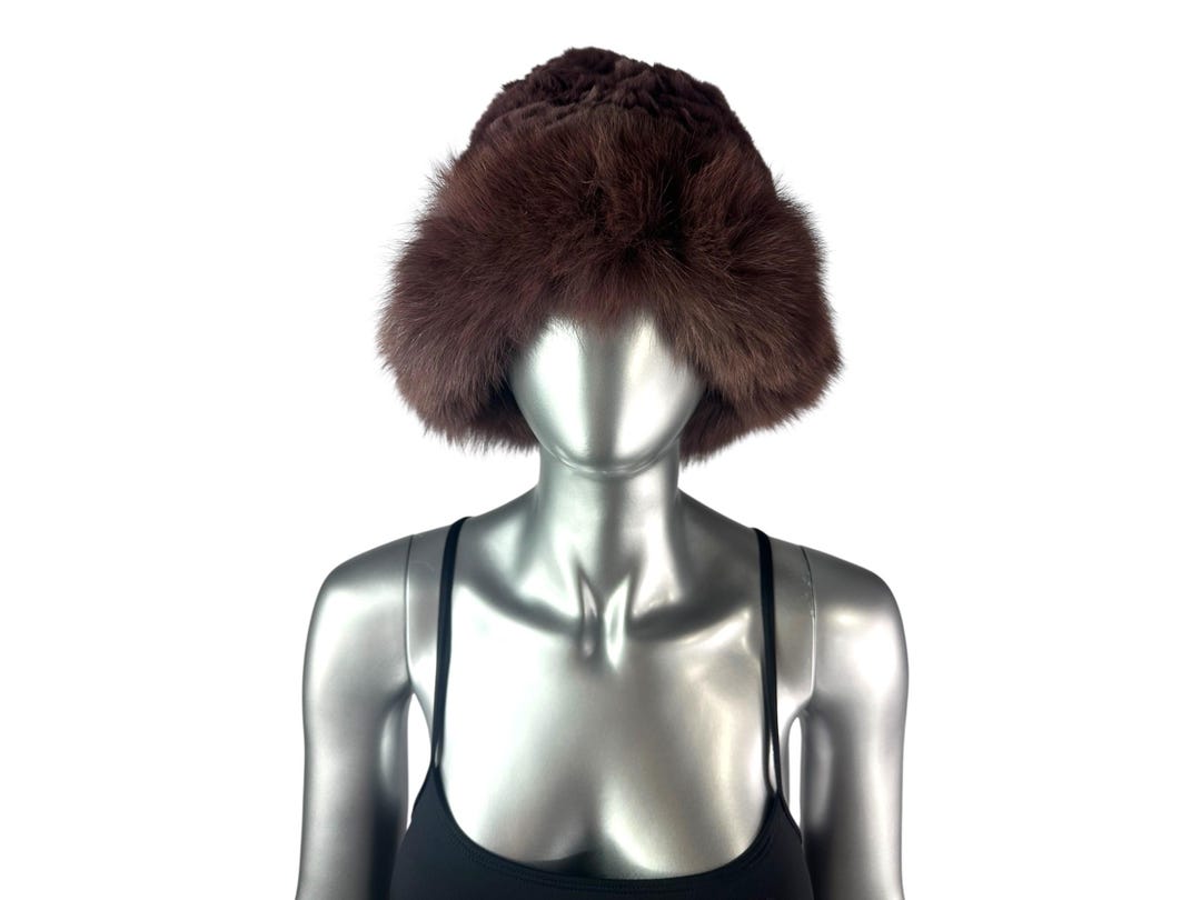 Brown Knitted REX RABBIT Hat W/brown FOX Trim, One Size 22  display picture 3