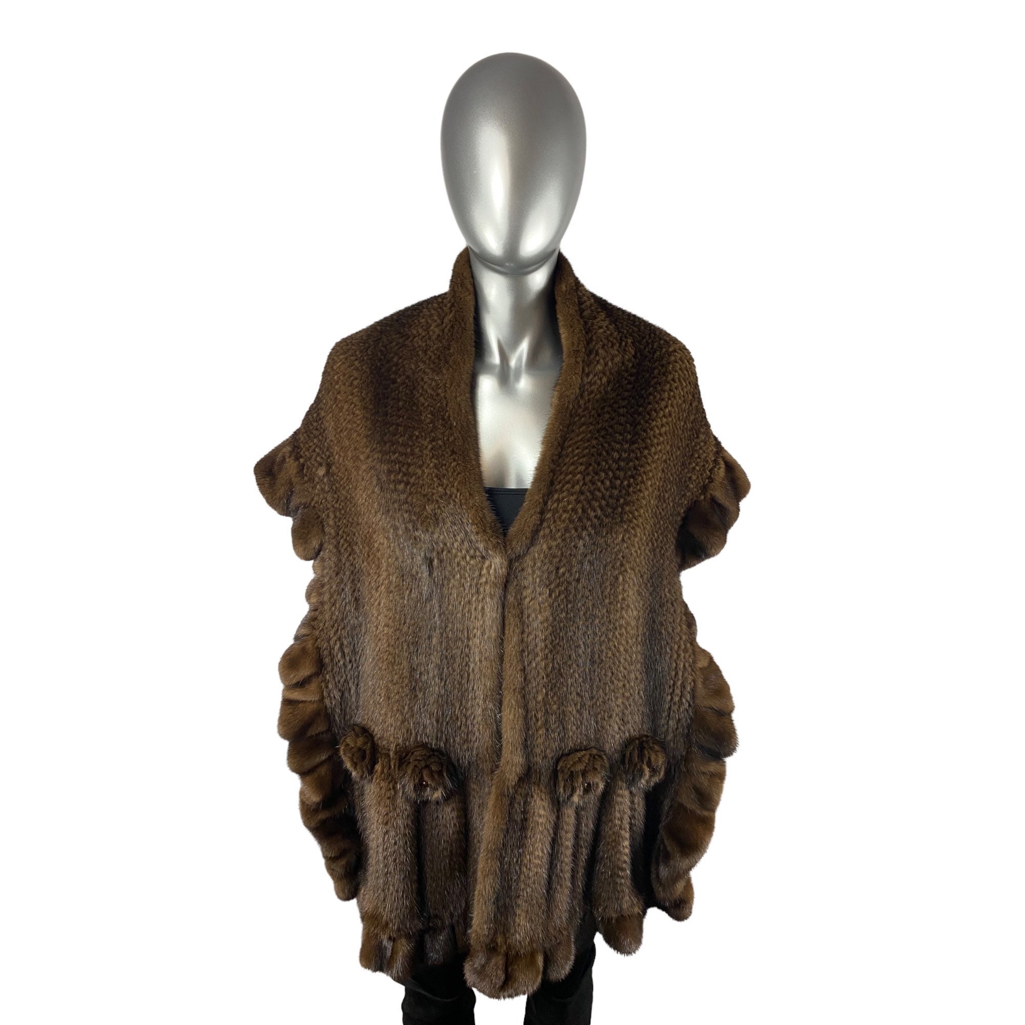 Knitted MAHOGANY MINK Shawl W/ Mink Rosettes Wrap, SAGA, Certified