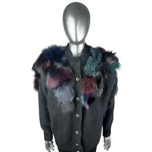 Black ANGORA Sweater w/Multi Color FOX Trim, Size M, Certified Vintage Fur w/Storage Bag