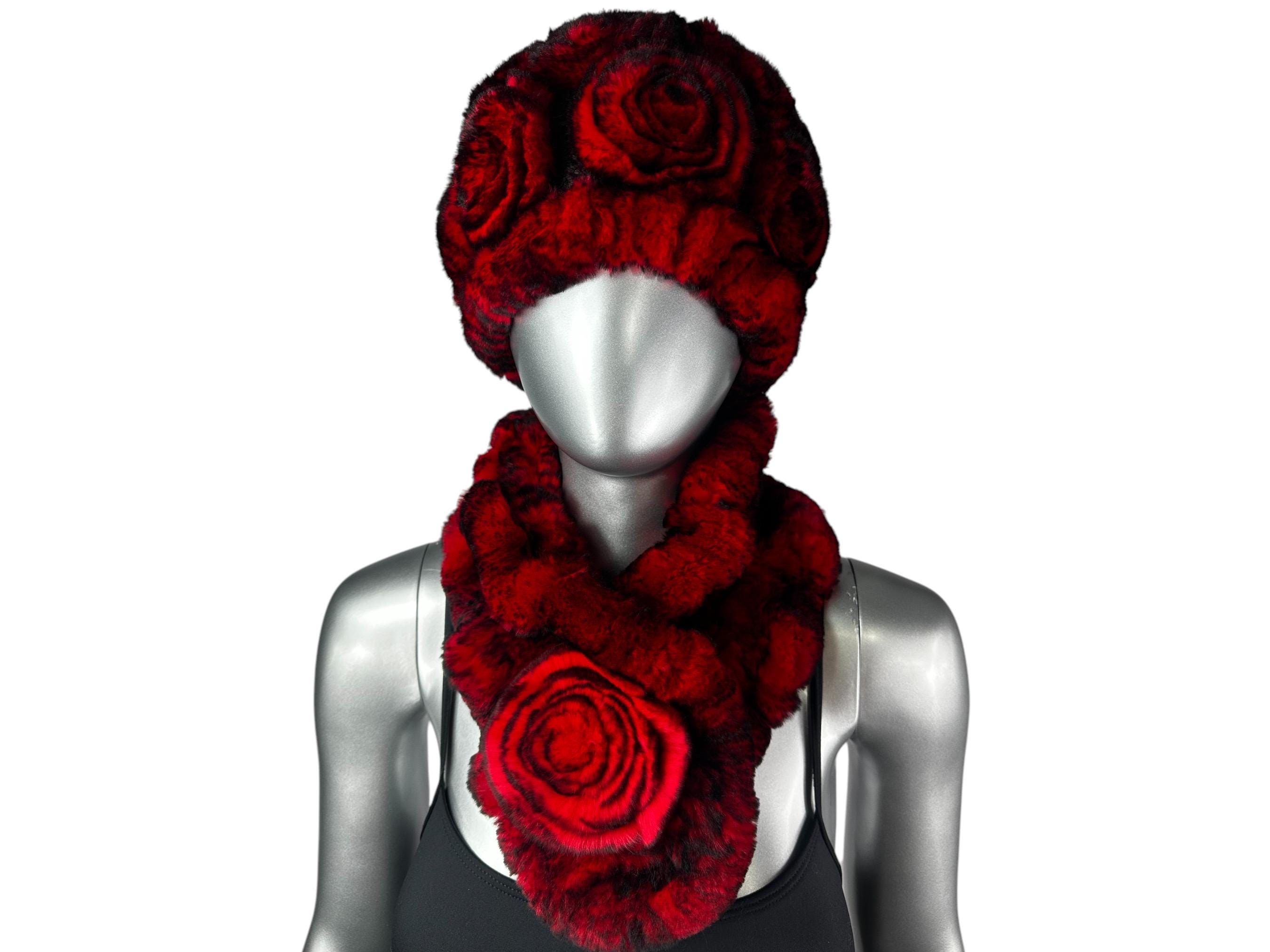 Red REX RABBIT Hat and Scarf W/rosettes, One Size 21”-23” W  display picture 2