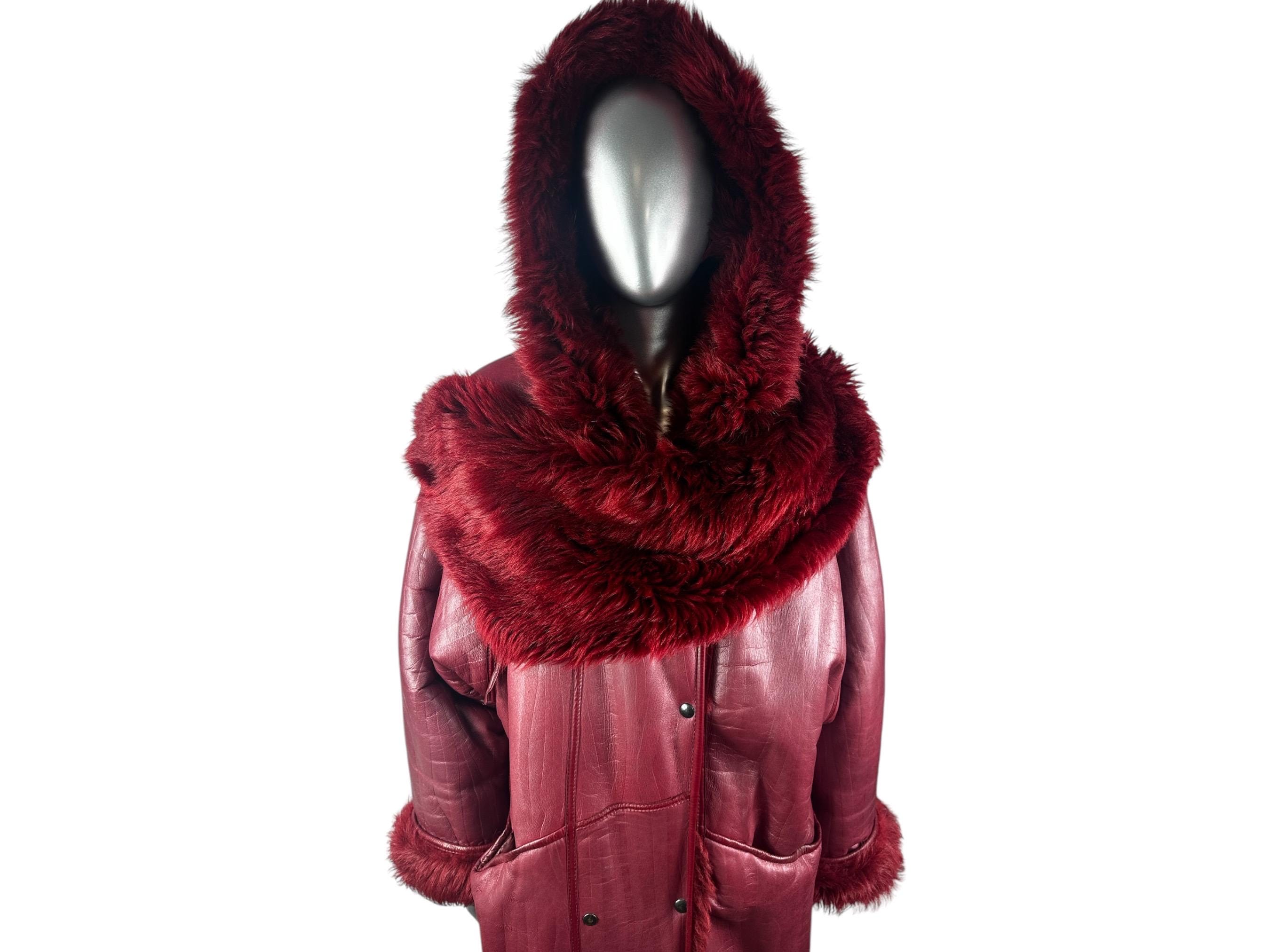 Burgundy SHEARLING Coat W/hood, Tarja Niskansen Designer, 54