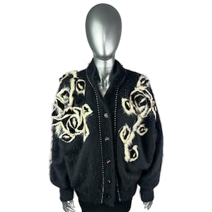 Black ANGORA Sweater w/Black and Ivory MINK Roses, Size XXL, Certified Vintage Fur w/Storage Bag