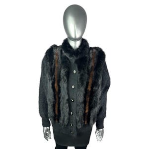 Black ANGORA Sweater w/Black RABBIT and MINK Trim, Size L, Certified Vintage Fur w/Storage Bag