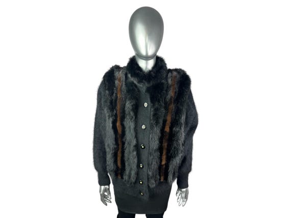 Black ANGORA Sweater W/black RABBIT and MINK Trim, Size L