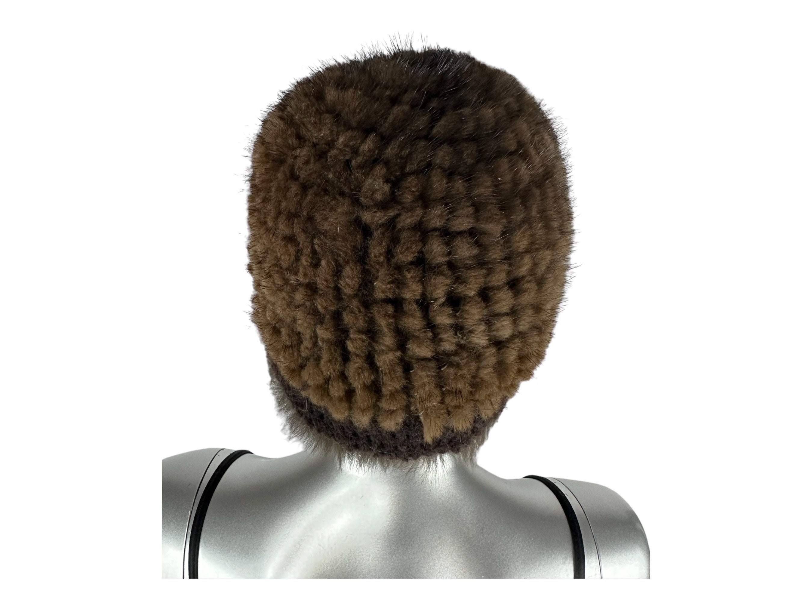 Mahogany MINK Knitted Hat w/FOX Trim, Sz 27” Adjustable, Certified Vintage Fur Belle Knit Mink Beanie Hat with Fox Fur Pom Pom in Brown  main image 2