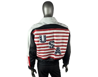 Men's Black Leather Jacket W/usa Flag, Size XL, Certified Men's Black Leather Jacket W/usa Flag, Size XL, Certified