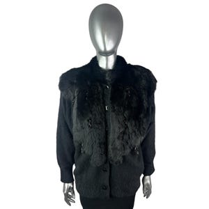 Black ANGORA & Lambswool Sweater w/Black RABBIT Trim and Beads, Size M, w/Storage Bag