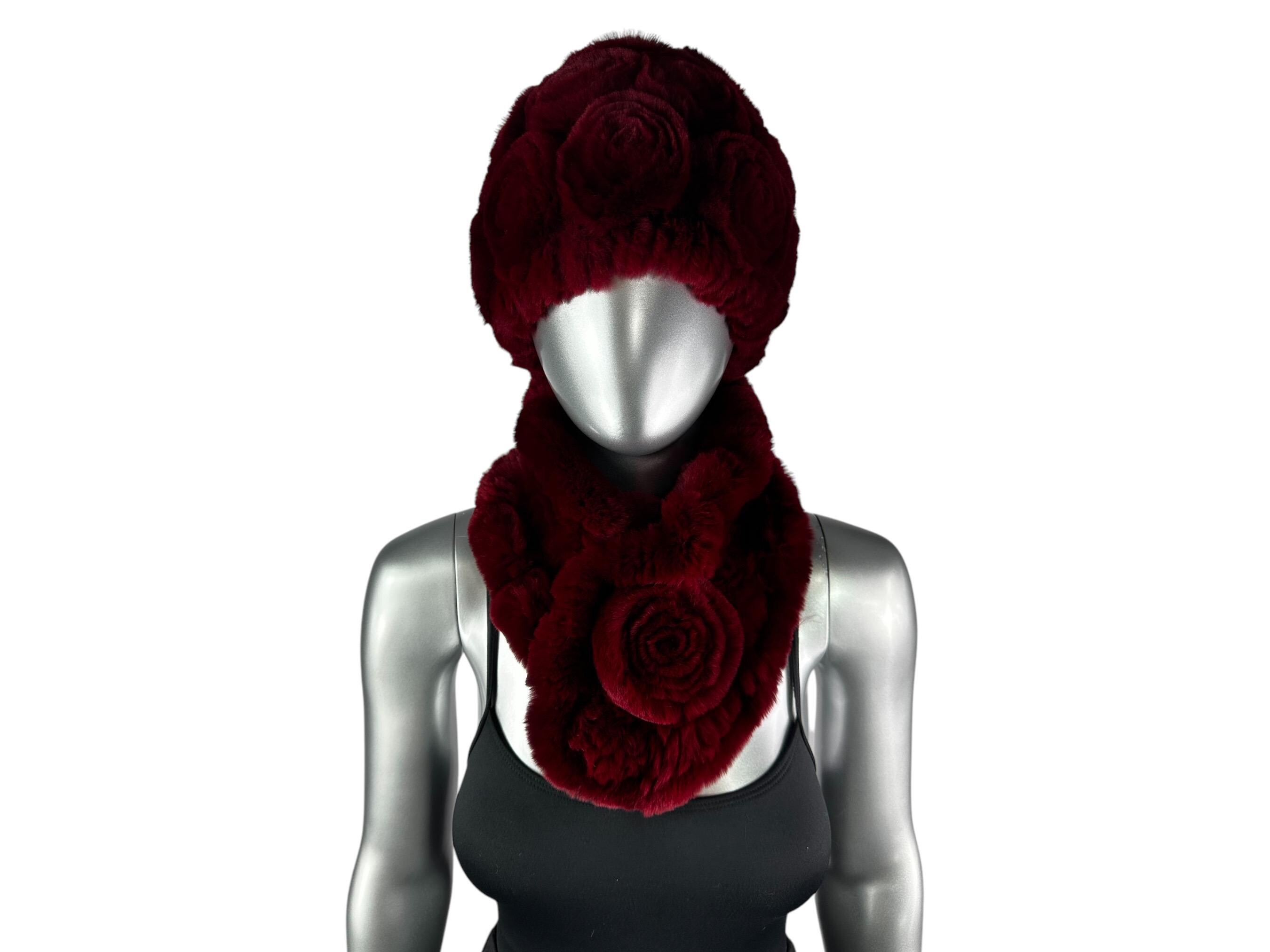 Wine Red REX RABBIT Hat and Scarf W/rosettes, One Size 21”-23” W