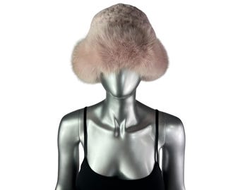 Cappello REX RABBIT lavorato a maglia rosa con rifiniture in volpe rosa, taglia unica 22&quot;-24&quot;, pelliccia vintage certificata