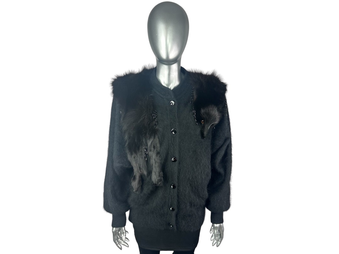 Black ANGORA Sweater W/black FOX Trim, Size M/L, Certified