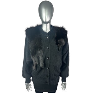 Black ANGORA Sweater w/Black FOX trim, Size M/L,  Certified Vintage Fur w/Storage Bag