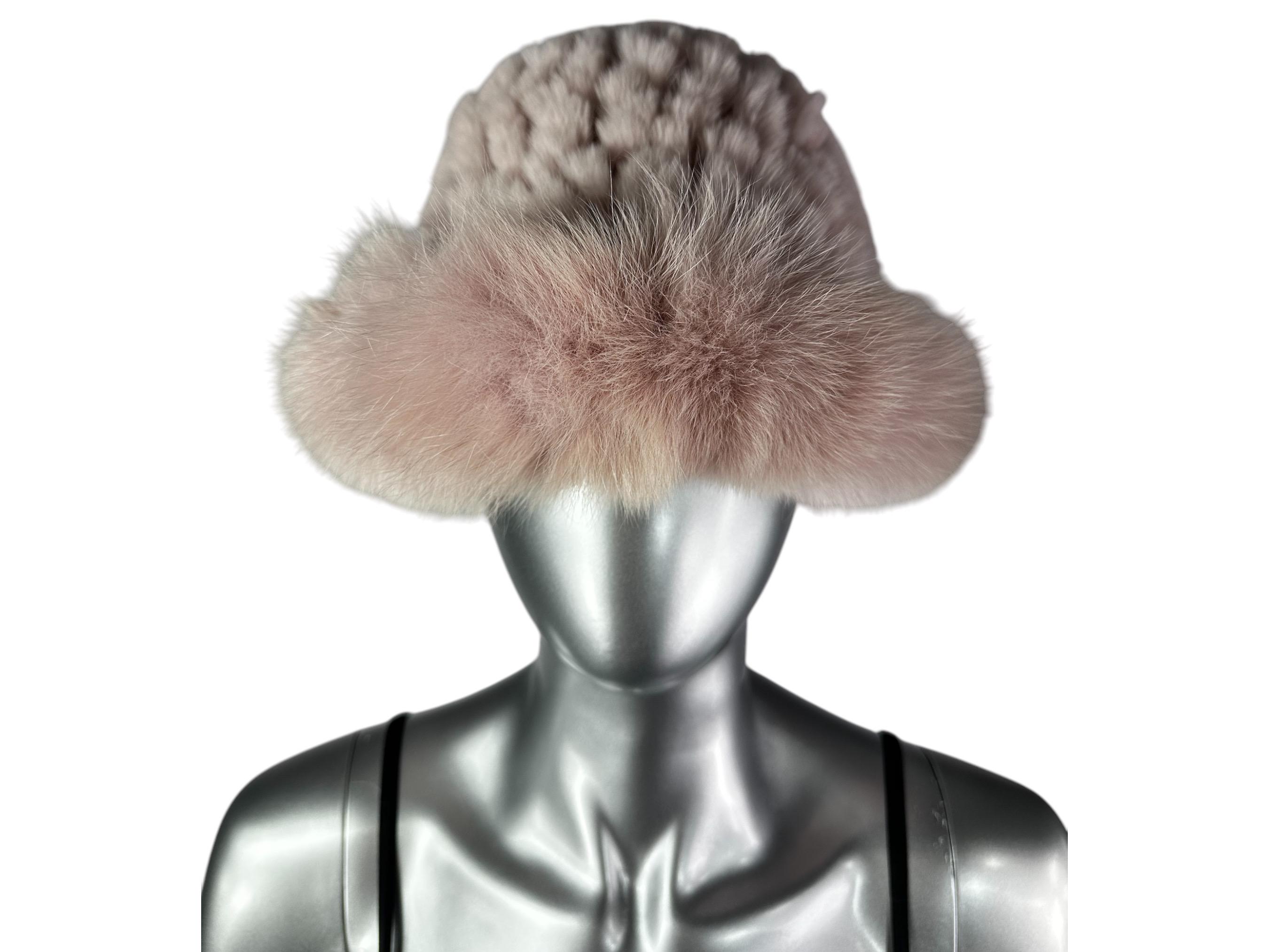 WHITE REX RABBIT Hat w/WHITE FOX Trim, Sz 22”-24”, Certified Vintage Fur Kashani Men main image 3