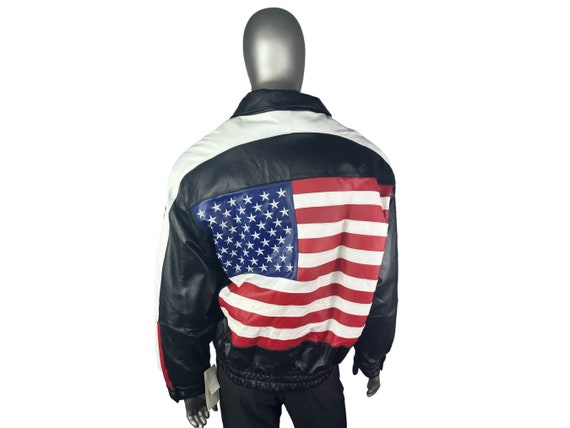 Men's Black LEATHER W/usa Flag Jacket, Size L, Certified Men's Black LEATHER W/usa Flag Jacket, Size L, Certified