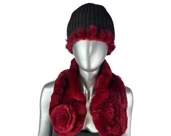 Wine Red REX RABBIT Hat and Scarf W/rosettes, One Size 21  display picture 1