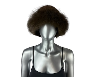 Cappello lavorato a maglia in visone mogano con volpe, taglia XXL-27&quot; fascia regolabile, pelliccia vintage certificata