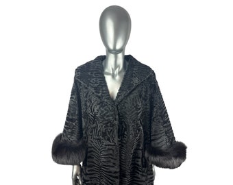 Black Swakara FL Coat w/Black Fox Trim, Size L, Certified Vintage Fur w/Storage Bag and Appraisal