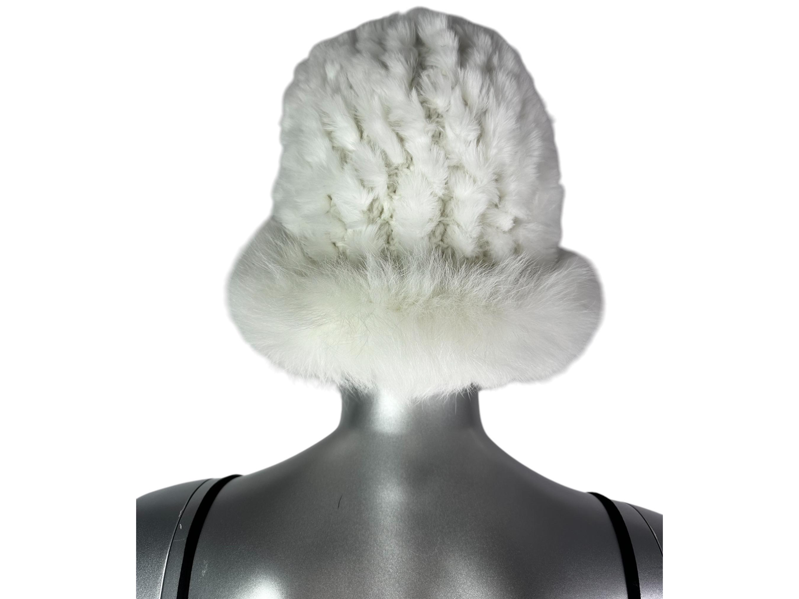 WHITE REX RABBIT Hat w/WHITE FOX Trim, Sz 22”-24”, Certified Vintage Fur White Knitted REX RABBIT Hat W/white FOX Trim, One Size 21  main image 3
