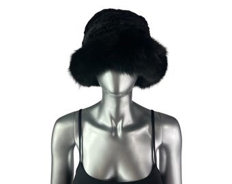 Black Knitted REX RABBIT Hat W/black FOX Trim, One Size 22  display picture 2