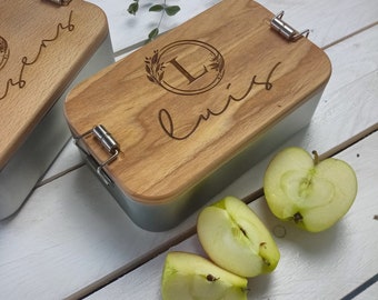 Lunchbox mit Holzdeckel, Initiale & Name | personalisiert | nachhaltige Geschenkidee |