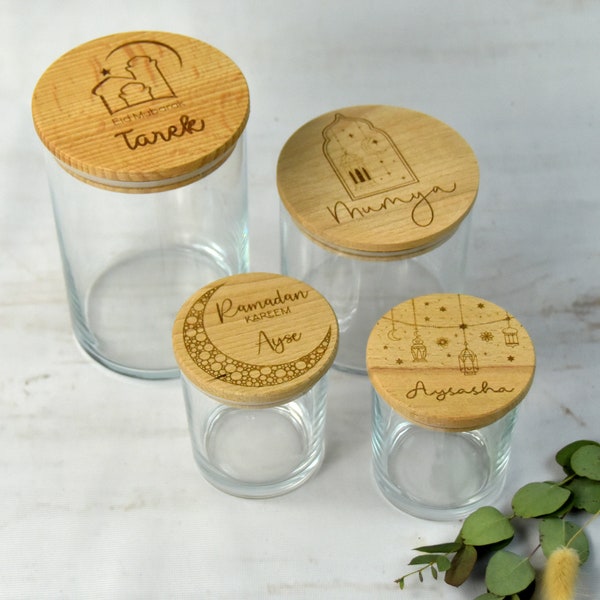 Ramadan Geschenk | Glas mit Namen | personalisiertes Glas mit Holzdeckel | Zuckerfest Geschenk | Bayram Geschenk | Bonbonglas Geschenk Name