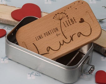 Lunchbox mit Holzdeckel - Eine Portion Glück / Liebe - Pusteblume personalisiert | nachhaltige Frühstücksdose | Geschenktipp für Mann & Frau