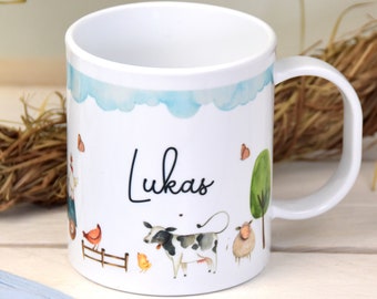 Kindertasse aus Kunststoff | viele Motive | personalisierte Namenstasse für Kinder | Jungen & Mädchen | mit Bagger, Bauerhof, Waldtieren ...