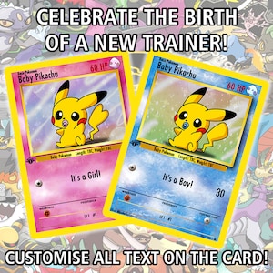Carte Pokémon Pikachu révélation grossesse sexe sur mesure - Choisissez votre propre texte ou message - Illustrations complètes holographiques et non holographiques disponibles
