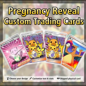 May include: Four custom trading cards featuring colorful cartoon characters and eggs. The cards display text including Pregnancy Reveal Custom Trading Cards, Oh? Something is happening, You are going to be an Aunt again, Guess what, and Oh...?, with icons for choosing designs, customizing text, and shipping.