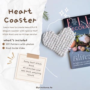 Macrame Heart Coaster PATTERN - Step by Step E-Book, Anleitung PDF + Video Knot Guide +  digital download