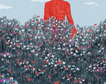 Ilustración de una mujer en un campo de flores silvestres / Lámina artística de paisaje floral / Pieza llamativa a color