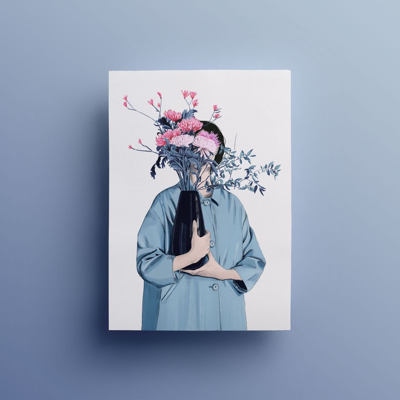 Illustration of a woman holding a vase of flowers in front of her that cover her face. She has a light blue rain coat and black hair. Colors are white, light blue, dark blue, black and a few shades of pink.