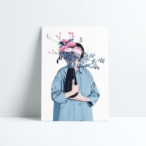 Illustration of a woman holding a vase of flowers in front of her that cover her face. She has a light blue rain coat and black hair. Colors are white, light blue, dark blue, black and a few shades of pink.