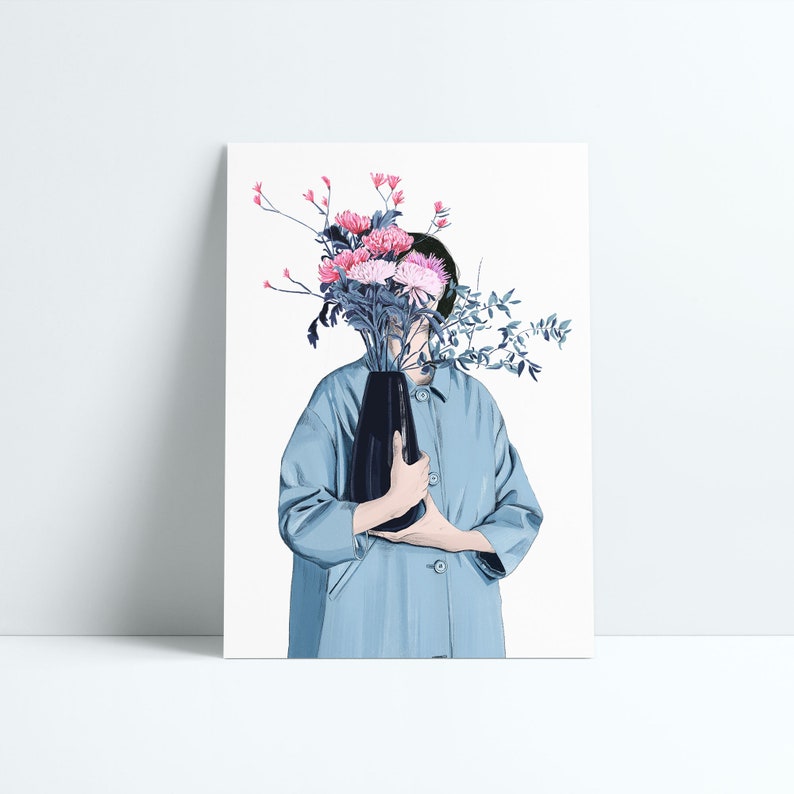 Illustration of a woman holding a vase of flowers in front of her that cover her face. She has a light blue rain coat and black hair. Colors are white, light blue, dark blue, black and a few shades of pink.