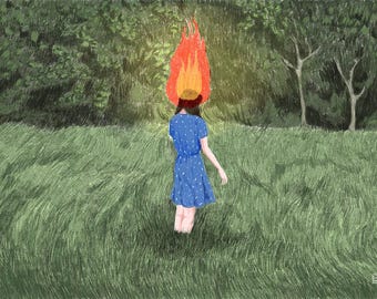 Lámina artística surrealista, concienciación sobre la salud mental, ilustración de cabeza en llamas, decoración de paisaje etéreo
