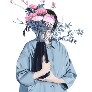 Illustration of a woman holding a vase of flowers in front of her that cover her face. She has a light blue rain coat and black hair. Colors are white, light blue, dark blue, black and a few shades of pink.