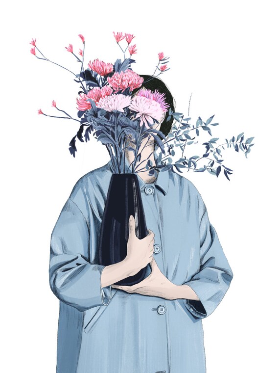 Blue and Pink Floral Art Print, Woman Holding Vase with flowers, Patina Blue Decor
